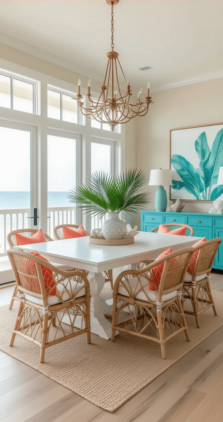 Bright tropical dining room in Florida featuring large windows, a white dining table, rattan chairs with coral cushions, and an ocean blue buffet cabinet. The space includes a tropical centerpiece with palm fronds, sandy beige walls with white trim, a coastal chandelier, and natural wood floors, all styled minimally with teal artwork. The open concept connects to the kitchen, bathed in daylight for an airy, elegant atmosphere.