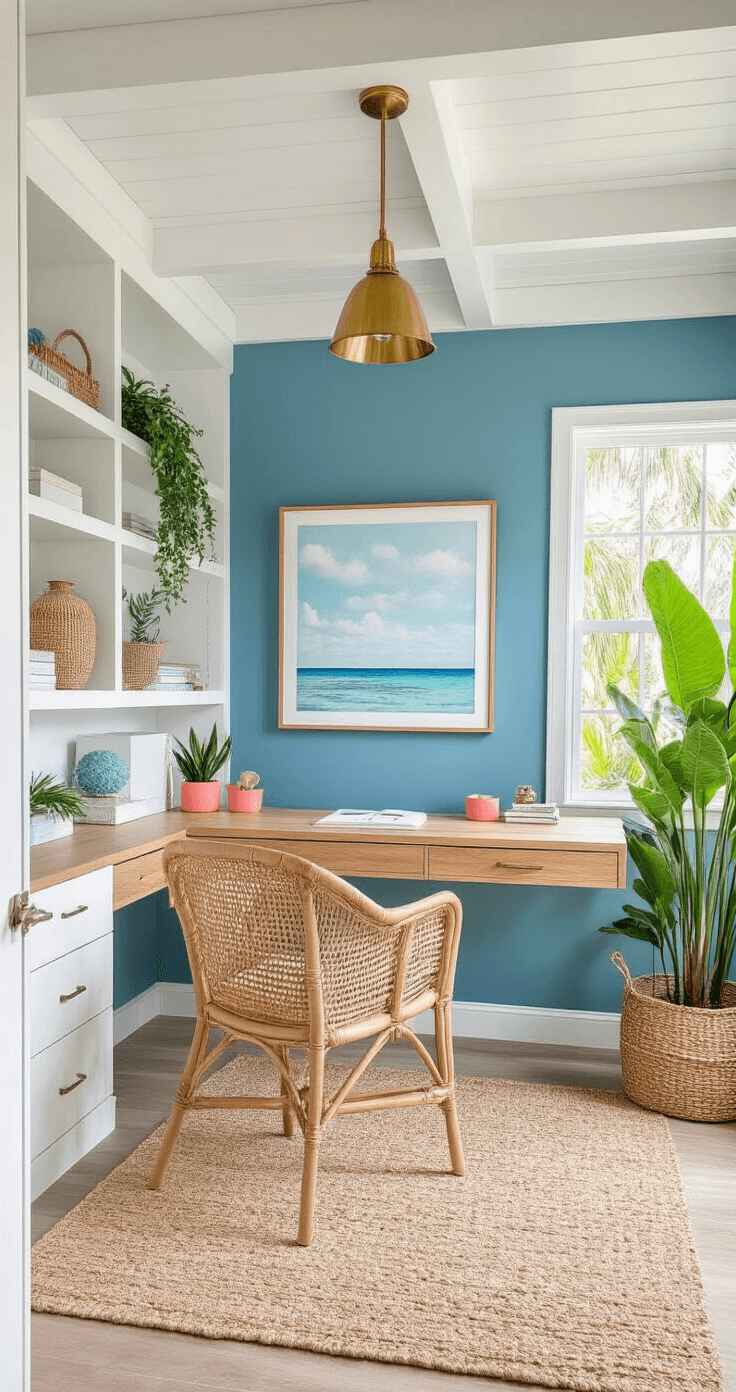A bright and inviting Florida home office featuring built-in white shelving, an ocean blue accent wall, a natural wood desk with a rattan chair, tropical plants, and a large window overlooking a garden. The room is adorned with a sandy neutral rug, coral desk accessories, coastal artwork, white ceiling beams, and brass lighting fixtures, creating a minimalist organization and a productive yet relaxed atmosphere.