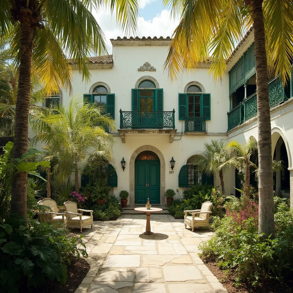 Unlock the Literary Magic: Inside Ernest Hemingway's Legendary Key West Home 1930s Spanish Colonial Revival house in Key West with white limestone walls, green shutters, vintage wrought iron balconies, surrounded by tropical gardens under golden sunlight with period outdoor furniture