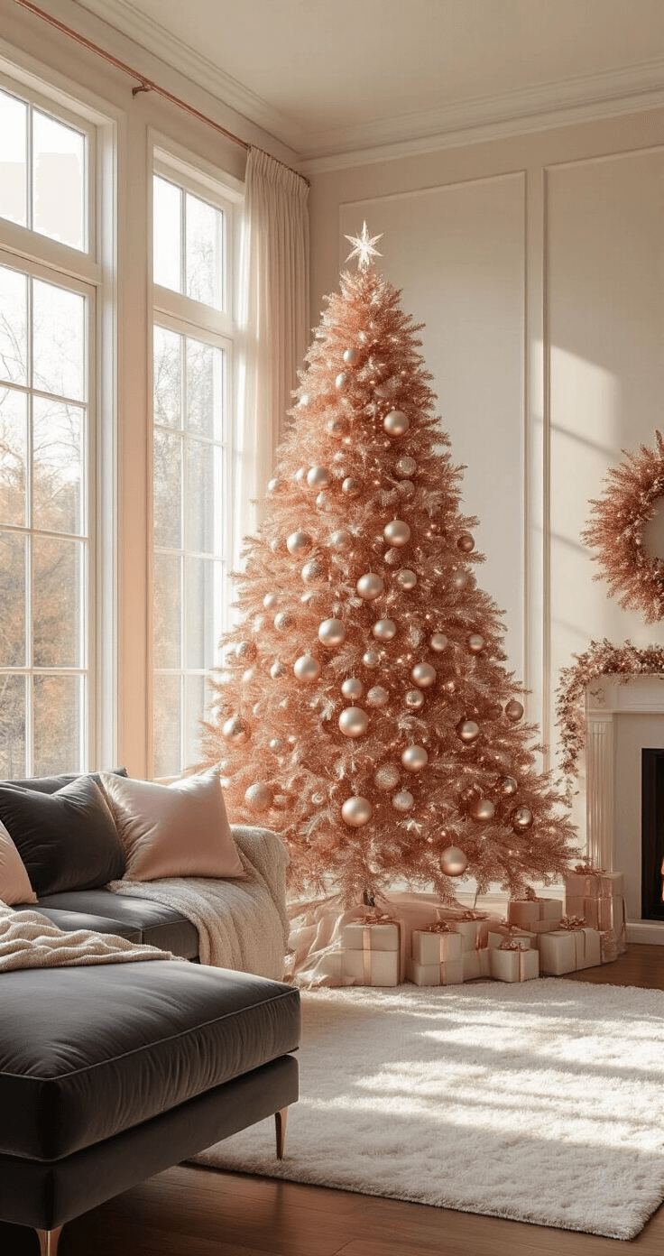 Photorealistic modern living room with a 7-foot rose gold tinsel Christmas tree, warm sunlight creating prismatic reflections, charcoal gray velvet sofa with blush pink and rose gold pillows, hardwood floors under an ivory area rug, and layered ornaments on the tree.