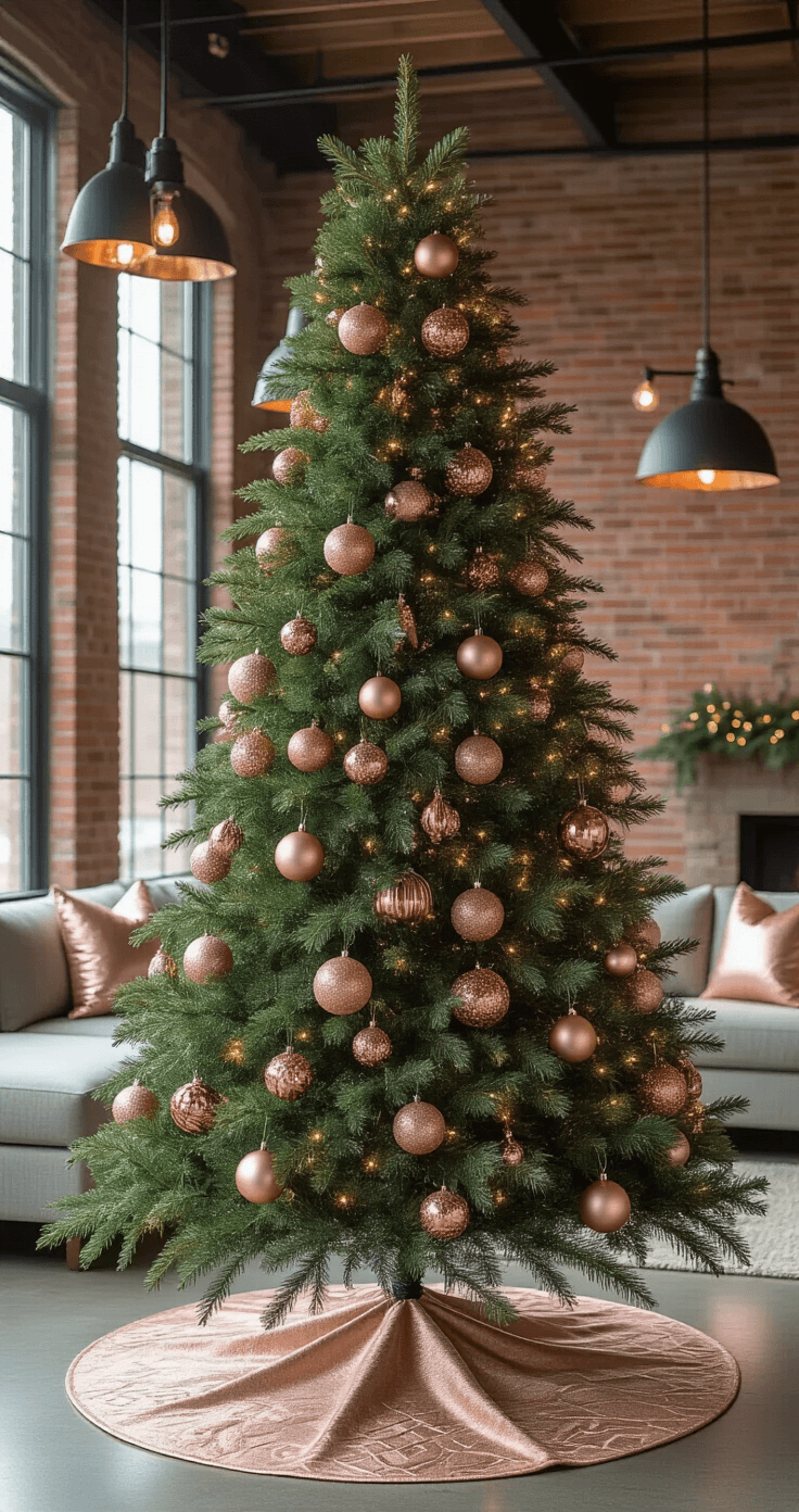 Sophisticated living room featuring a traditional green Fraser fir adorned with rose gold ornaments, positioned against an exposed brick wall, complemented by a contemporary dove gray sectional and polished concrete floors.