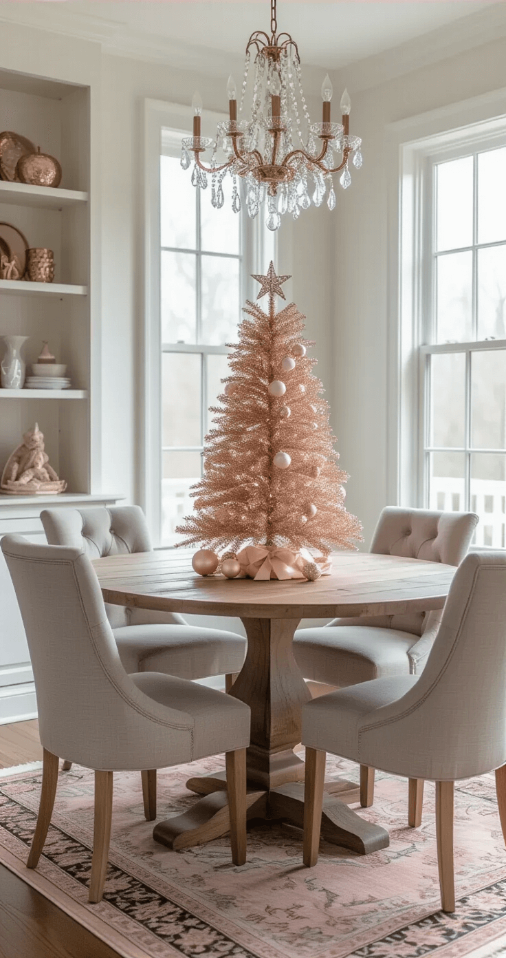 A cozy dining room featuring a 3-foot rose gold Christmas tree on a reclaimed wood table, surrounded by gray upholstered chairs, with natural light illuminating the scene, emphasizing metallic ornaments and a vintage Persian runner.