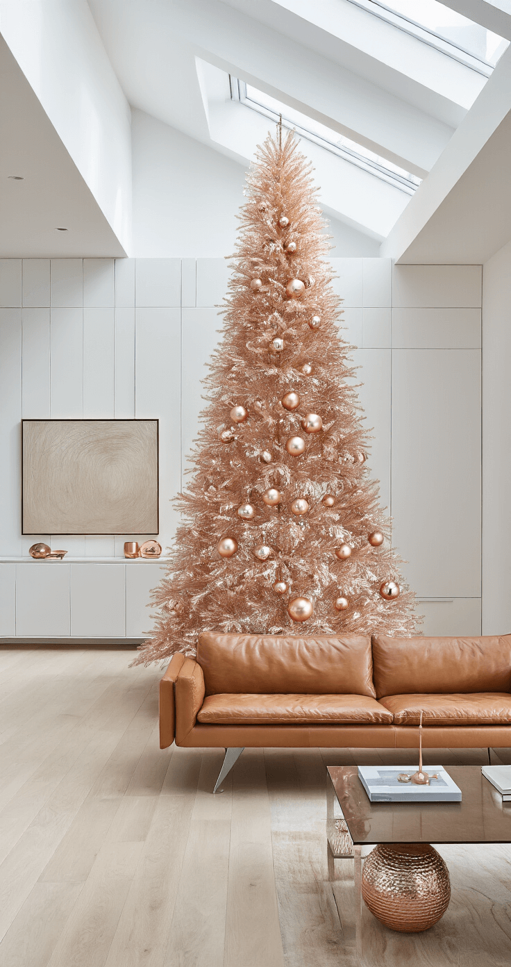 A modern minimalist living room featuring a striking 8-foot rose gold tinsel tree with large rose gold ornaments, accented by a mid-century modern camel leather sofa and bright white oak floors, illuminated by skylights.
