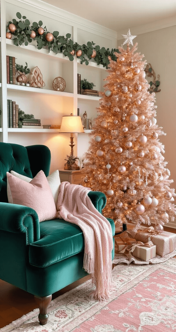 Cozy holiday reading nook featuring a rose gold Christmas tree, plush emerald green chair, and styled bookshelves, illuminated by warm light.