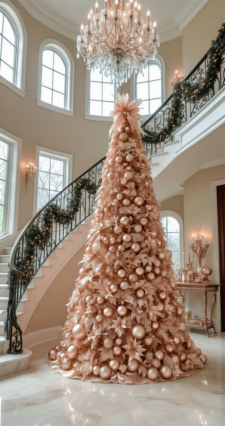 Elegant grand foyer with a 9-foot rose gold Christmas tree adorned with luxurious ornaments, set against a dramatic staircase and illuminated by a crystal chandelier, creating a sophisticated holiday atmosphere.