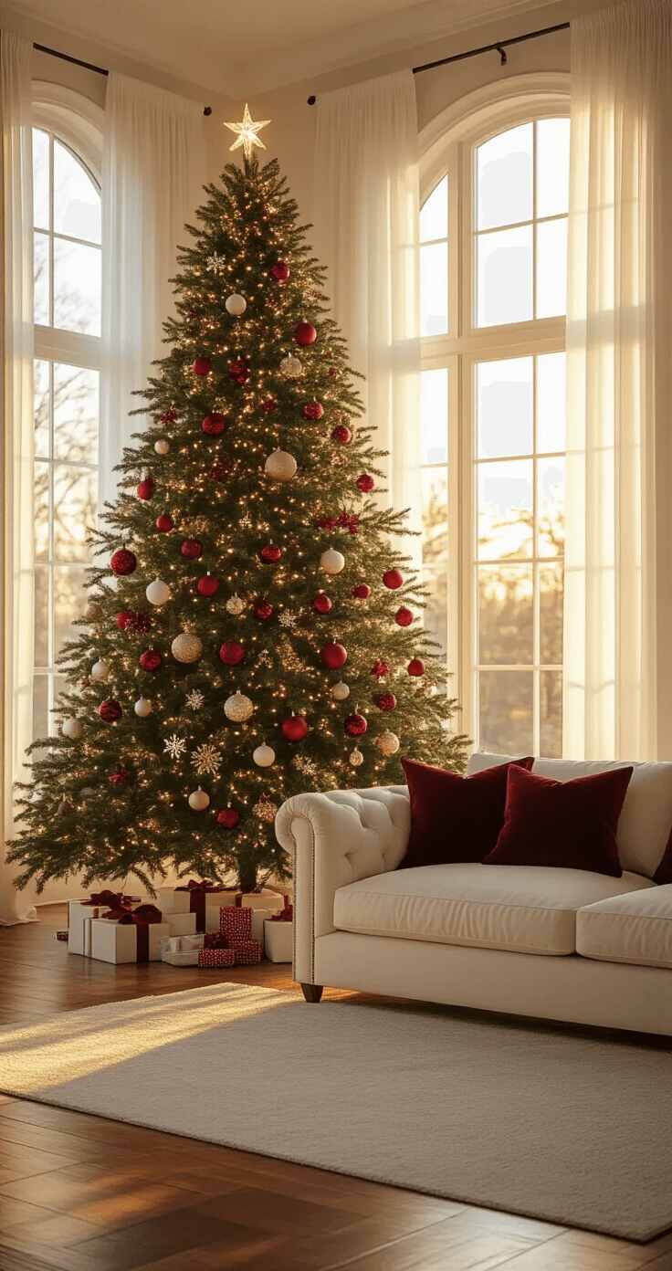 Photorealistic interior of a spacious living room at golden hour, featuring a 9-foot Fraser fir Christmas tree with classic ornaments and warm LED lights beside a bay window, with warm sunlight streaming through sheer curtains, a cream sectional sofa with burgundy pillows, and hardwood floors reflecting light.