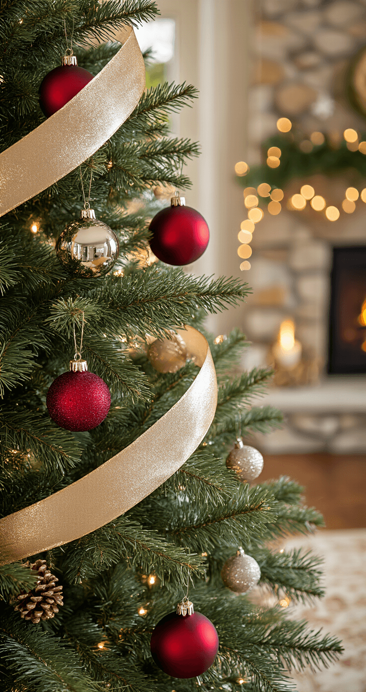 Intimate close-up of Christmas tree branches in a softly-lit family room, featuring rich evergreen needles, a champagne gold ribbon, large crimson glass ornaments, delicate silver filigree baubles, and vintage brass pinecone ornaments, with a stone fireplace and flickering flames blurred in the background.