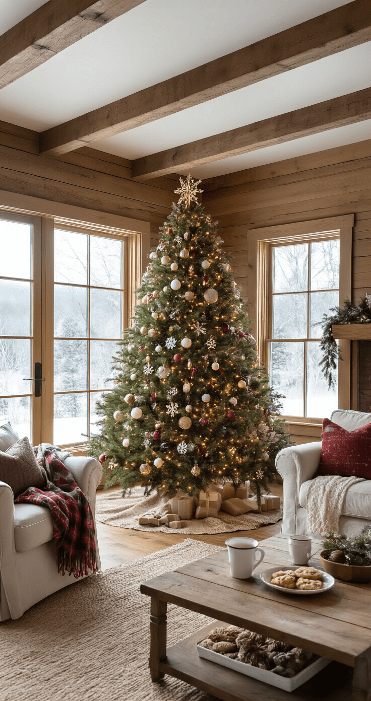 A cozy family room with a beautifully decorated Christmas tree, large windows showing a snowy landscape, and comfortable seating, all illuminated by natural daylight.