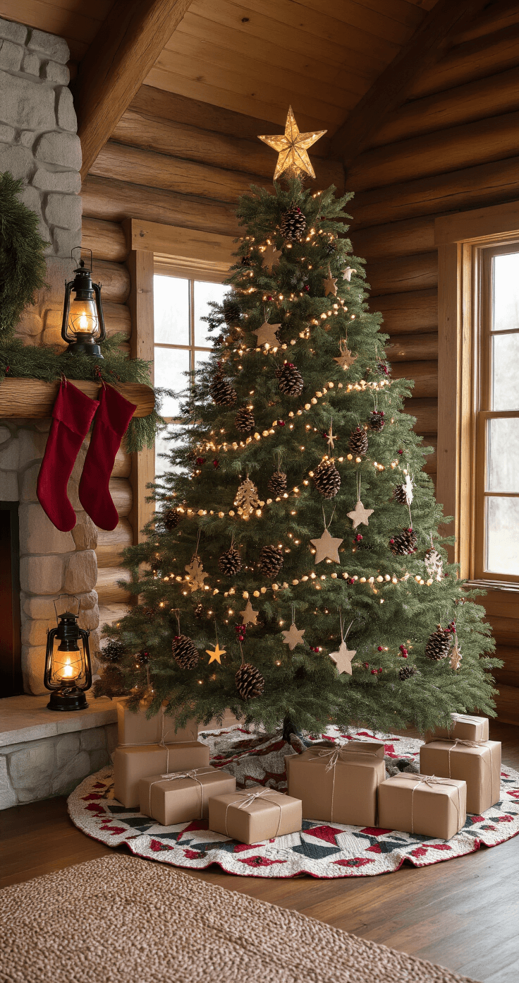 Rustic cabin living room featuring an 8-foot balsam fir Christmas tree decorated with DIY ornaments, a vintage quilt tree skirt, wrapped gifts, and a cozy stone fireplace, all illuminated by warm lighting for a homestead holiday atmosphere.