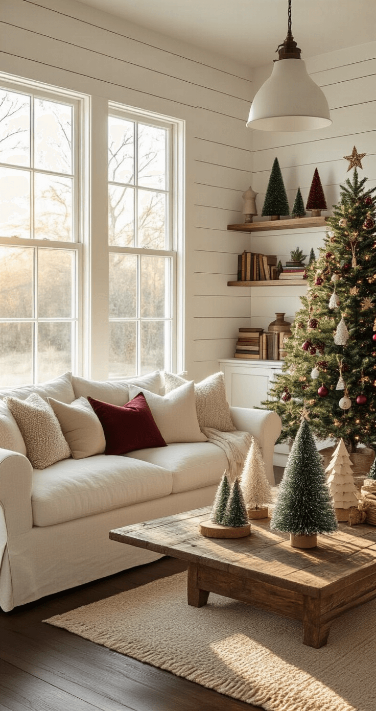 Christmas Tree Templates: Your Ultimate Guide to Festive Crafting and Creativity Photorealistic interior of a cozy living room at golden hour, showcasing handmade Christmas decorations, a cream linen sofa, rustic wooden coffee table with glittered and painted trees, white shiplap walls, dark hardwood floors, and warm afternoon sunlight streaming through large windows.