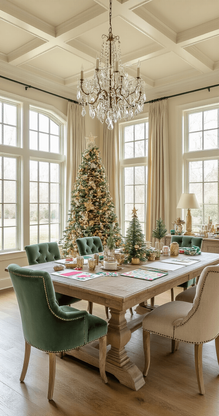 Christmas Tree Templates: Your Ultimate Guide to Festive Crafting and Creativity Elegant dining room transformed into a holiday crafting space, featuring a large farmhouse table covered with craft supplies, surrounded by sage green velvet chairs. The room showcases coffered ceilings and crown molding in warm ivory, with soft ambient light from a crystal chandelier and task lamps, and bay windows allowing natural light, in a color palette of deep emerald, gold, and cream.