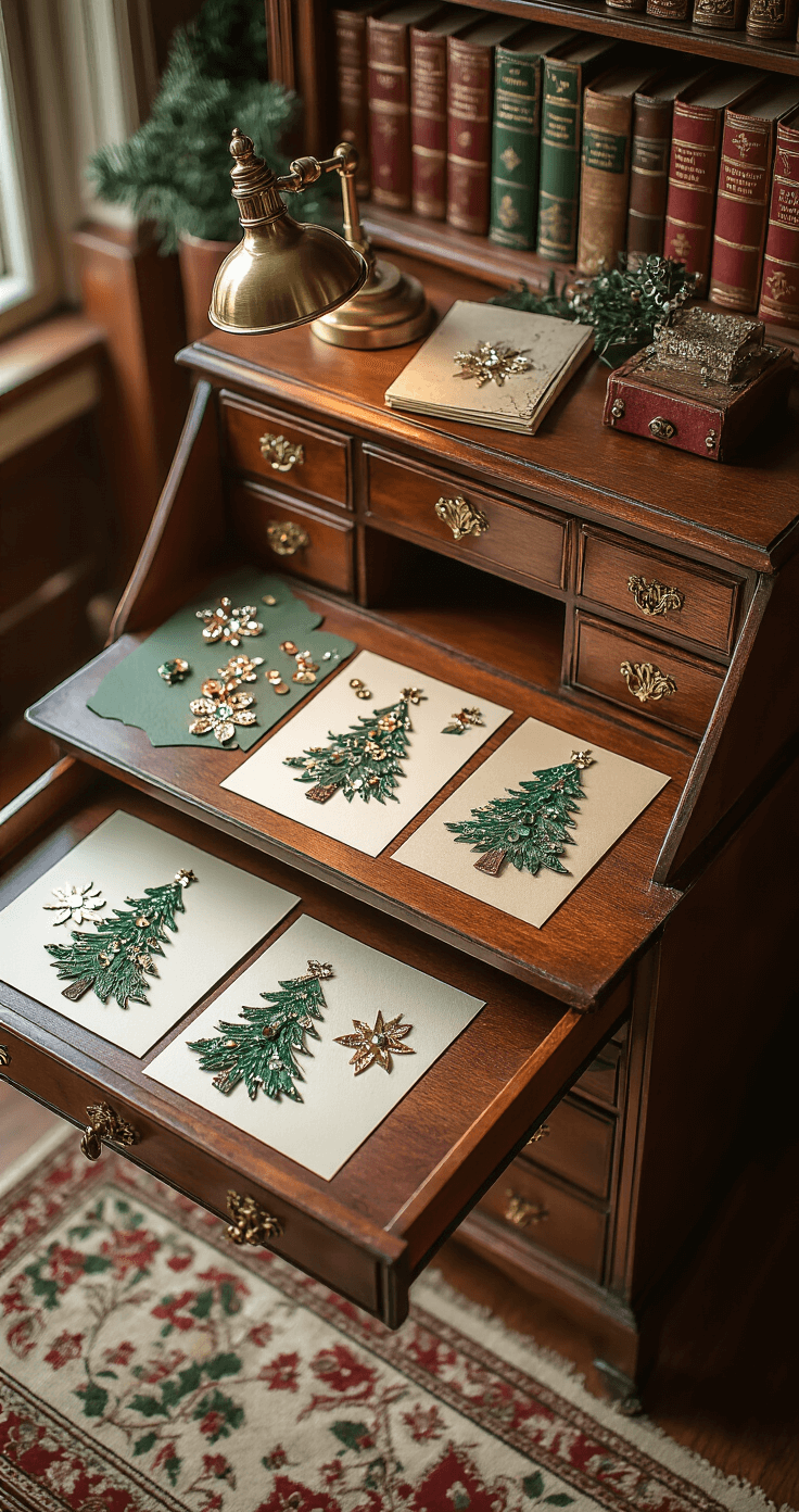 Christmas Tree Templates: Your Ultimate Guide to Festive Crafting and Creativity Close-up of a vintage mahogany secretary desk transformed into a festive Christmas card-making station, featuring completed holiday cards adorned with layered Christmas tree cutouts and embellishments, illuminated by a brass desk lamp, with rich jewel tones and textures in the background.