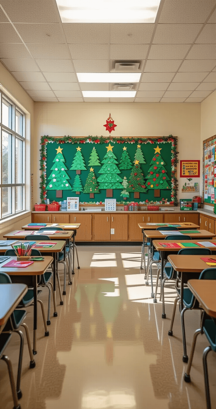 Christmas Tree Templates: Your Ultimate Guide to Festive Crafting and Creativity Spacious classroom filled with natural light, featuring a festive bulletin board adorned with colorful paper Christmas tree templates, arranged in a forest-like display; student desks grouped collaboratively with craft supplies, against a backdrop of warm beige linoleum floors and institutional ceiling tiles.