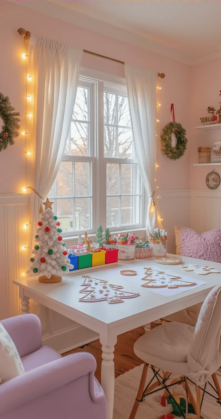 Christmas Tree Templates: Your Ultimate Guide to Festive Crafting and Creativity A cozy child's bedroom transformed into a holiday ornament workshop, featuring pale pink walls, a craft table by a window with soft lamplight, Christmas craft materials, and enchanting string lights, creating a magical atmosphere.