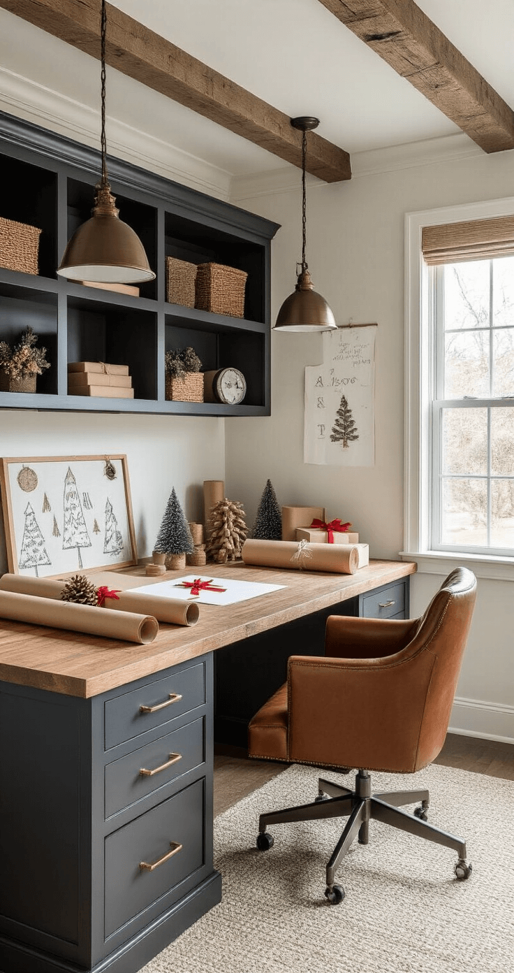 Christmas Tree Templates: Your Ultimate Guide to Festive Crafting and Creativity Sophisticated home office and gift-wrapping station featuring a reclaimed wood desk, charcoal gray built-in shelves, and industrial pendant lights. Christmas tree templates on kraft paper rolls add a festive touch, accented by a cognac brown leather chair. The space blends natural wood tones, deep grays, and metallic copper elements, with a warm, productive atmosphere illuminated by mixed lighting.