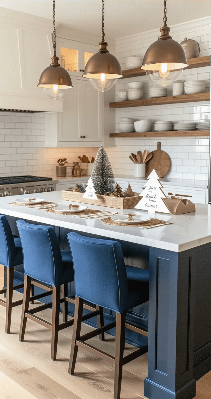 Christmas Tree Templates: Your Ultimate Guide to Festive Crafting and Creativity An elegant kitchen island transformed into a crafting station for place cards, featuring Christmas tree template cutouts, calligraphy names, and illuminated by bronze pendant lights. The spacious kitchen, with white marble countertops, subway tile backsplash, and navy blue bar stools, showcases a color palette of crisp whites, warm metallics, and deep navy, capturing a warm evening atmosphere.