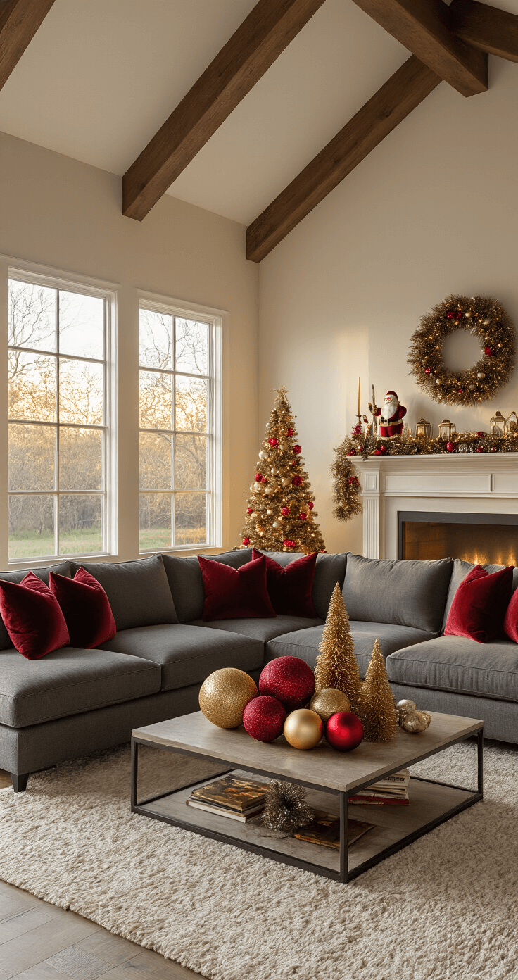 Photorealistic living room decorated with Dollar Tree Christmas decor, featuring a charcoal gray sectional sofa adorned with burgundy pillows, a coffee table with oversized glitter ball ornaments and bottle brush trees, and a mantel showcasing vintage Santa figurines and lanterns, all illuminated by warm golden hour light streaming through large windows.