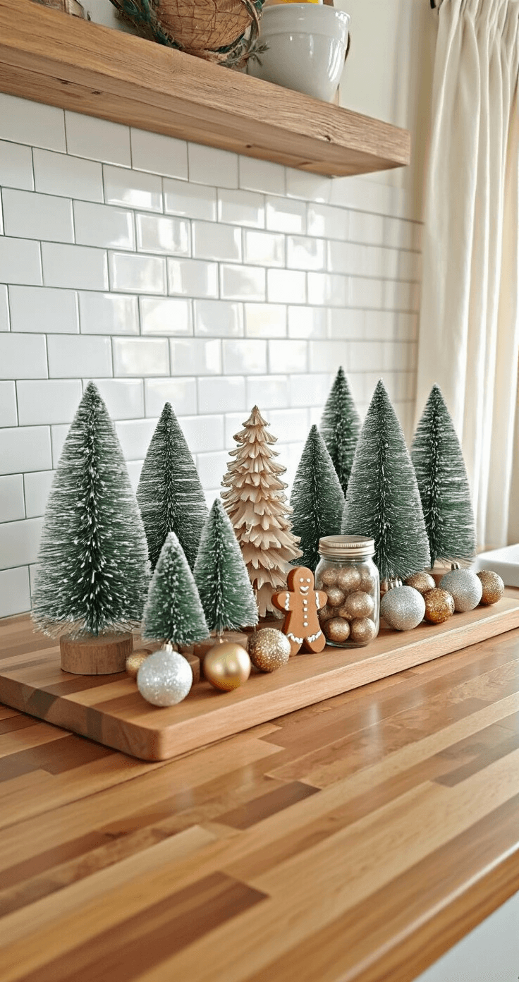 Cozy farmhouse-style kitchen counter adorned with a holiday display featuring mini bottle brush trees, gingerbread decorations, and glitter ornaments, all set on a wooden cutting board with soft morning light and natural textures.