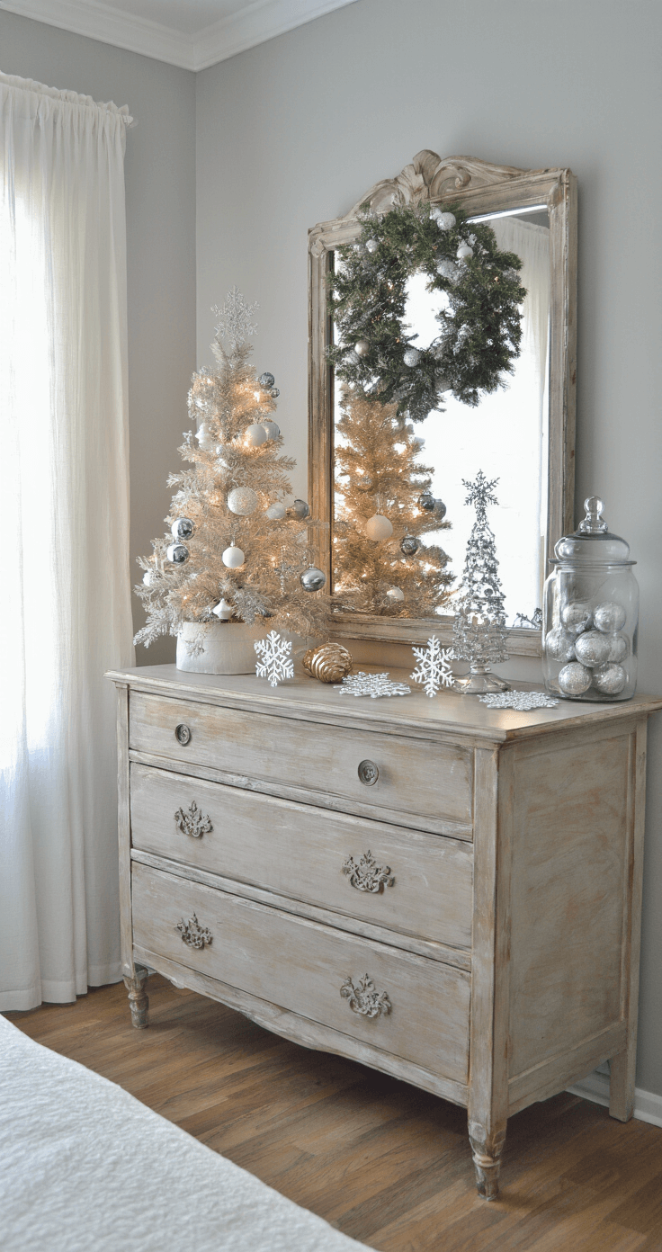 Intimate master bedroom styled for the holidays, featuring a vintage wooden dresser adorned with a small artificial tree, delicate snowflake chargers, glass apothecary jars with metallic ornaments, and subtle Dollar Tree decorations, all illuminated by soft golden afternoon light streaming through sheer curtains.