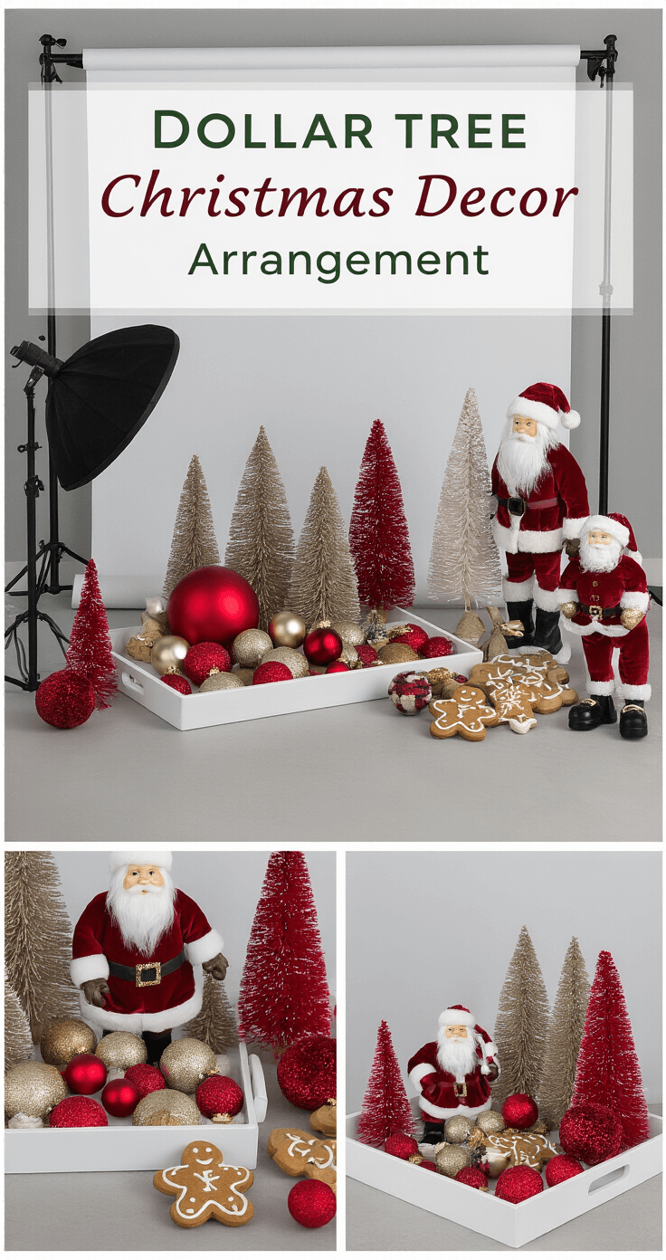 Professional photography setup showcasing a styled Christmas decor arrangement with Dollar Tree ornaments in deep red, burgundy, and gold on a large white tray against a clean backdrop. The scene features varying textures, bottle brush trees in graduated sizes, Santa figurines, and gingerbread elements, all lit with key, fill, and background lighting for depth and visual interest.