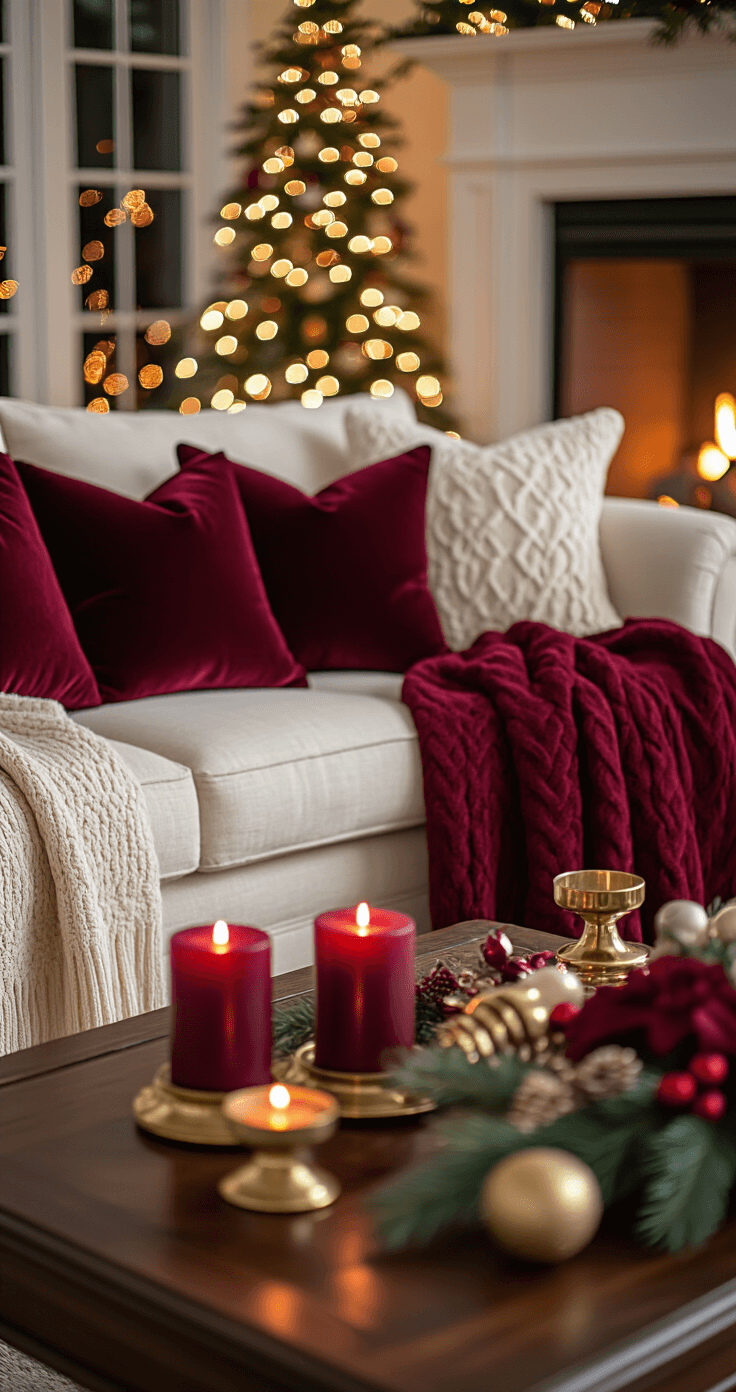 Intimate close-up of a cozy festive living space at twilight, featuring a cream linen sofa with burgundy velvet pillows and deep red knit blankets, a mahogany coffee table with glowing crimson candles, and a softly flickering fireplace, all set against a backdrop of blurred twinkling lights in rich jewel tones.