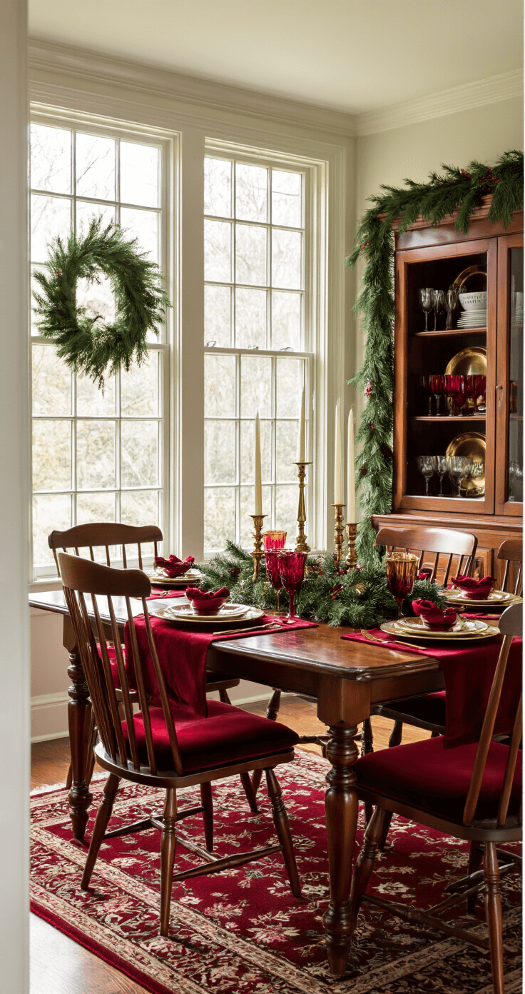 Traditional holiday dining room featuring a mahogany table with a crimson runner, brass candlesticks, and a garland centerpiece, surrounded by Windsor chairs with red velvet cushions; displayed ruby glassware and golden chargers in a built-in hutch; hardwood floors accentuated by a burgundy Persian rug, with soft morning light streaming through mullioned windows, enhancing the rich textures and classic ornaments.