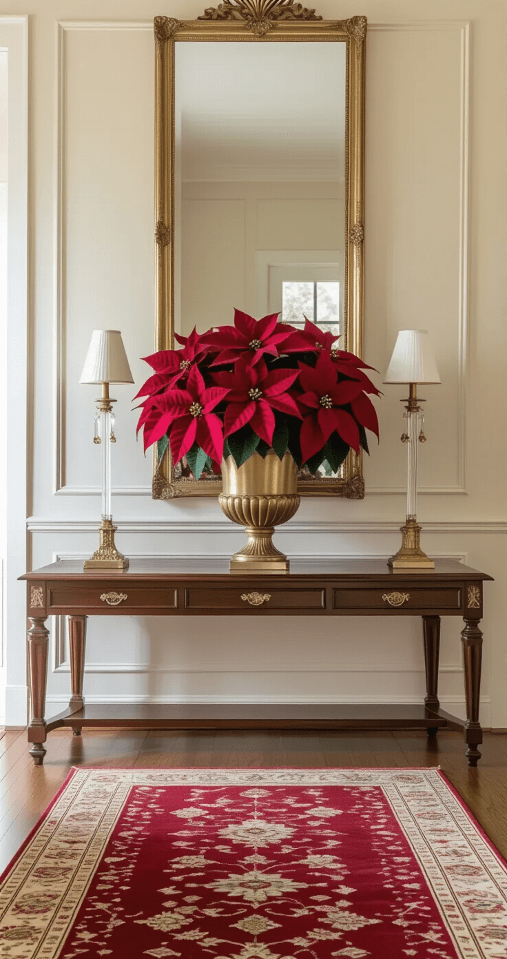 Elegant entryway foyer with a grand wooden console table showcasing an oversized burgundy velvet poinsettia arrangement in a brass urn, against warm ivory walls and hardwood floors featuring a deep red and gold Persian runner, softly lit by a crystal table lamp, with a gilt-framed mirror reflecting natural light, all captured from a straight-on angle to highlight the sophisticated design.