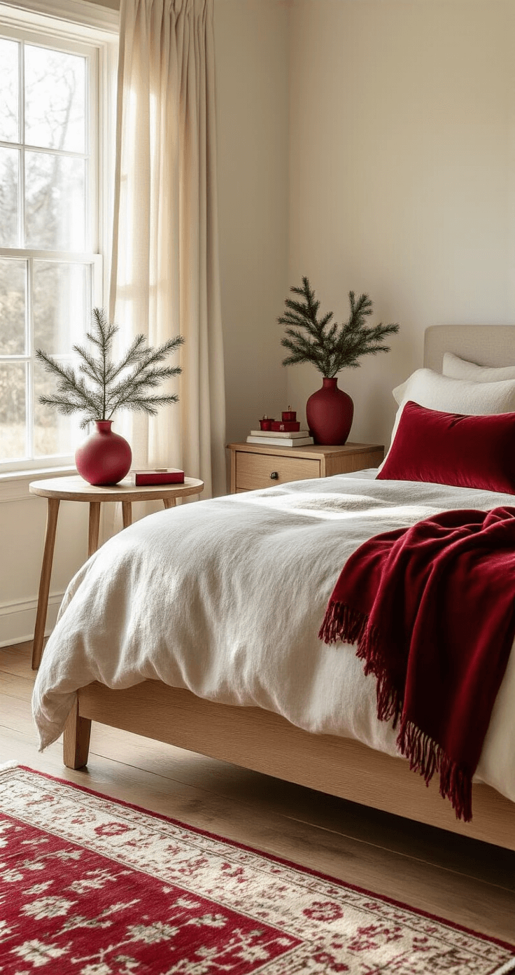 A cozy festive bedroom bathed in golden morning light, featuring a neutral oak platform bed with linen bedding, a burgundy cashmere throw, and a red velvet lumbar pillow. A red ceramic vase with an evergreen sprig decorates the bedside table, while soft natural light filters through sheer curtains, illuminating the cream walls and vintage wool rug with muted red patterns. Additional small red accents include a candle holder, book spine, and ornament on the dresser, creating a serene, sophisticated holiday atmosphere.