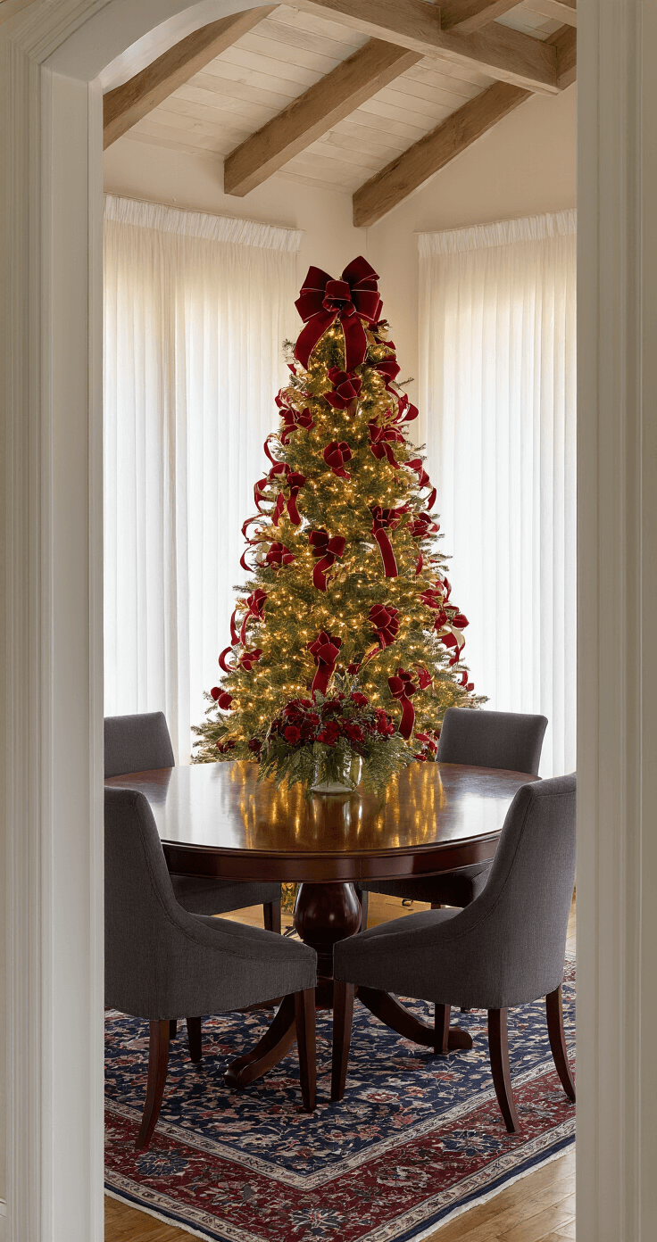 Red Bow Christmas Tree: A Timeless Holiday Decor Statement Elegant dining room with vaulted beamed ceiling, featuring an oval mahogany table surrounded by charcoal upholstered chairs, illuminated by soft morning light. A beautifully decorated Christmas tree with varying sizes of satin bows and warm white lights stands in the corner, while a Persian rug in deep blues anchors the space.