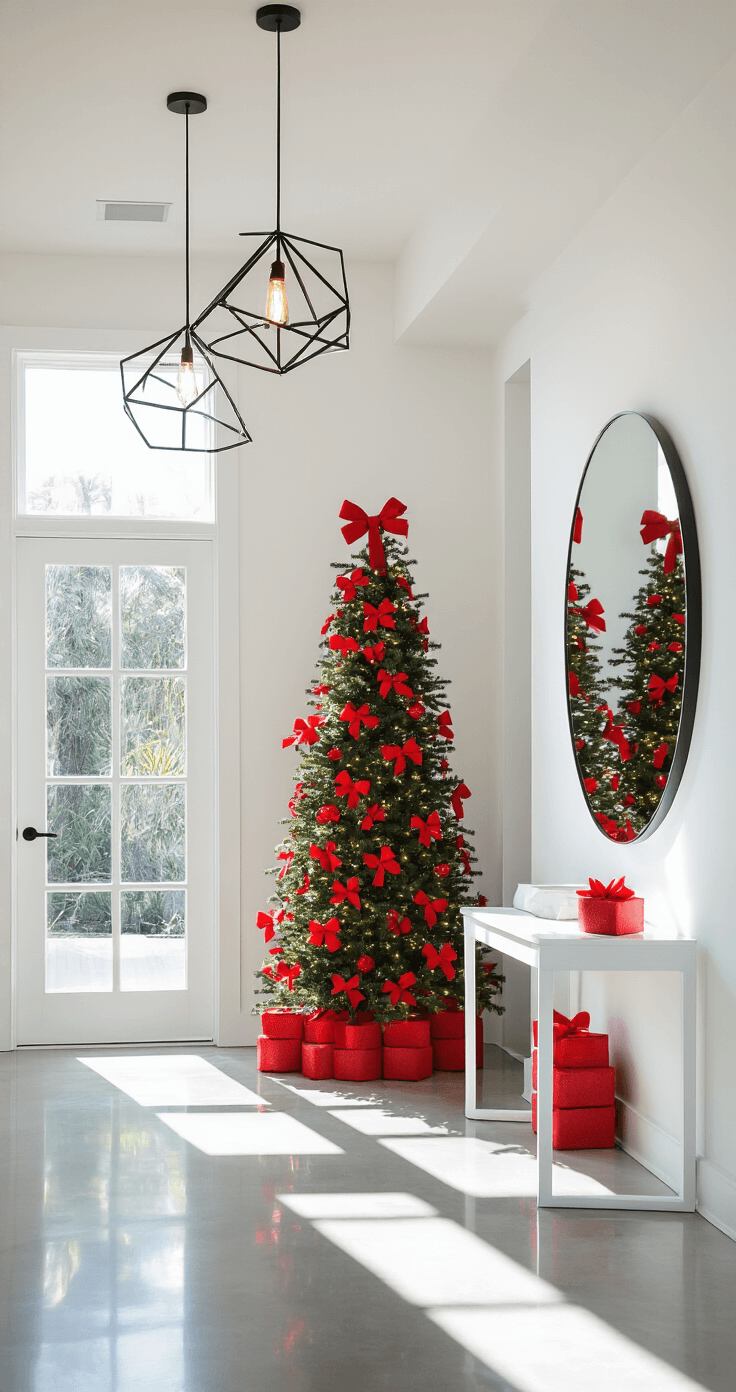 Red Bow Christmas Tree: A Timeless Holiday Decor Statement Modern minimalist entryway featuring a 15-foot ceiling with geometric pendant lighting, a white lacquer console table, and a round mirror above. A compact Christmas tree with red grosgrain bows stands beside a staircase, while polished concrete floors reflect the festive lights. Bright natural light streams through glass door panels, complementing the clean white walls adorned with vibrant crimson ribbon textures.