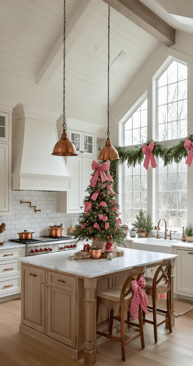 Red Bow Christmas Tree: A Timeless Holiday Decor Statement Spacious kitchen featuring a cathedral ceiling, pendant lights over a large island, and a charming Christmas tree adorned with red gingham bows and burlap accents, with fresh greenery garland on upper cabinets and a farmhouse sink nearby.