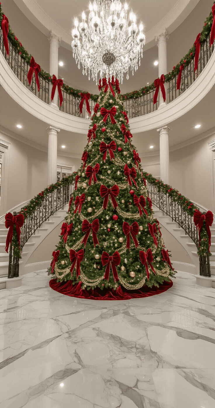 Red Bow Christmas Tree: A Timeless Holiday Decor Statement A grand foyer with marble flooring and a dramatic two-story ceiling features a massive 12-foot Christmas tree lavishly decorated with oversized red velvet bows, metallic ornaments, and beaded garland, as seen from a second-floor balcony.