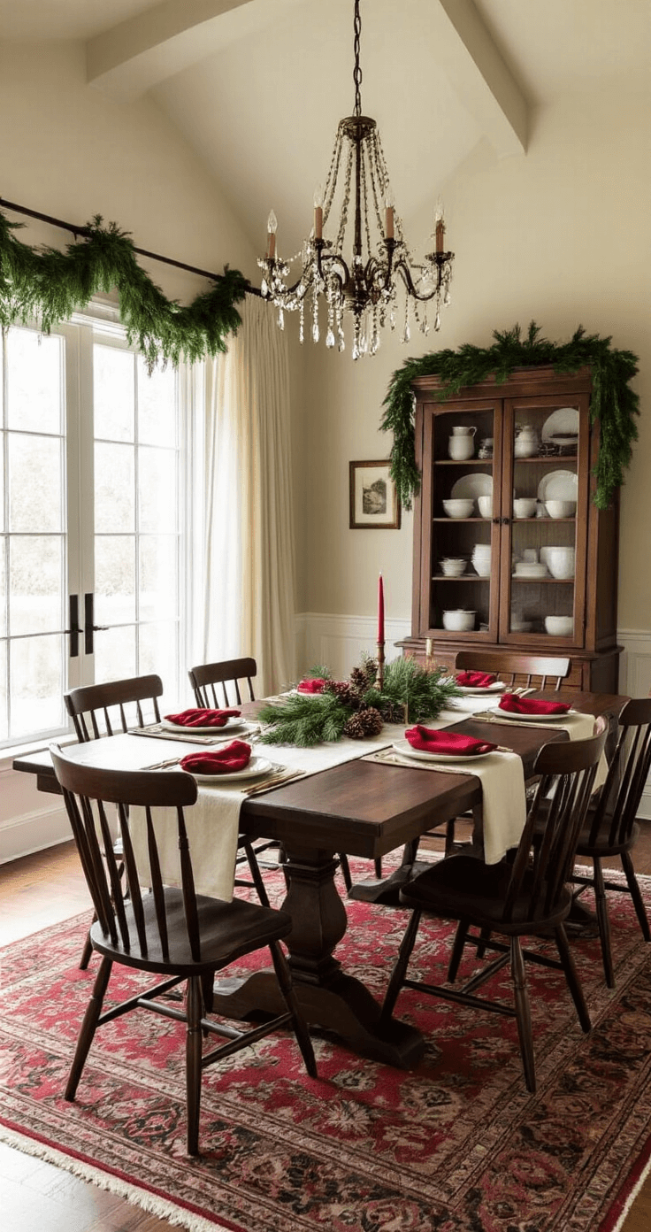 Magical Christmas Tree Farm Photo Shoots: The Ultimate Guide to Capturing Holiday Memories Elegant dining room in soft afternoon light, featuring a vaulted ceiling, chandelier, and a dark walnut farmhouse table set for eight with cream linens, red napkins, and evergreen decor. Windsor chairs, a hutch with white ceramics, and a vintage Persian rug complete the warm, inviting atmosphere.