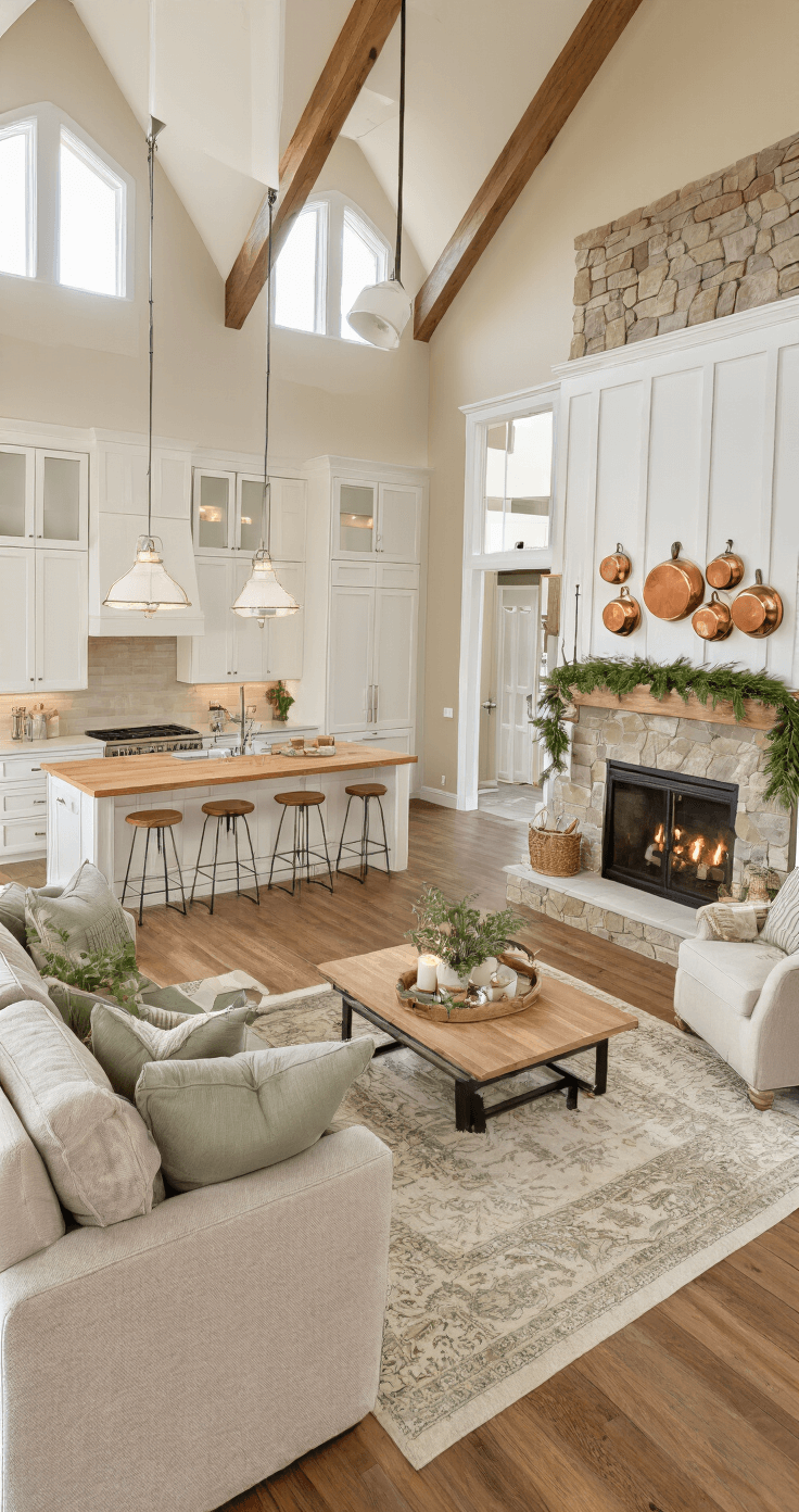 Magical Christmas Tree Farm Photo Shoots: The Ultimate Guide to Capturing Holiday Memories Wide shot of a stylish open-concept kitchen and great room featuring cathedral ceilings, white shaker cabinets, butcher block counters, and a large island with bar stools, all bathed in warm late afternoon light. The sectional sofa faces a stone fireplace, complemented by greenery and candles on a coffee table. Hardwood floors and area rugs define the spaces, with holiday garland on the mantle and copper pots in the kitchen, all in a cream and sage color scheme with natural wood accents, captured from a high angle to show the flow between areas.