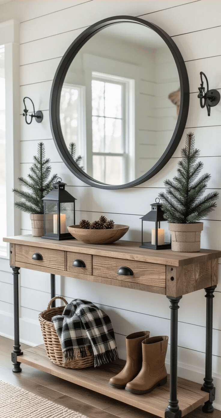 Magical Christmas Tree Farm Photo Shoots: The Ultimate Guide to Capturing Holiday Memories Detail shot of a reclaimed wood console table with black iron legs against a shiplap wall, featuring a round mirror, vintage lanterns, potted pine trees, and a wooden bowl with pinecones, complemented by plaid scarves on coat hooks and a woven basket with winter boots, all in soft natural light.