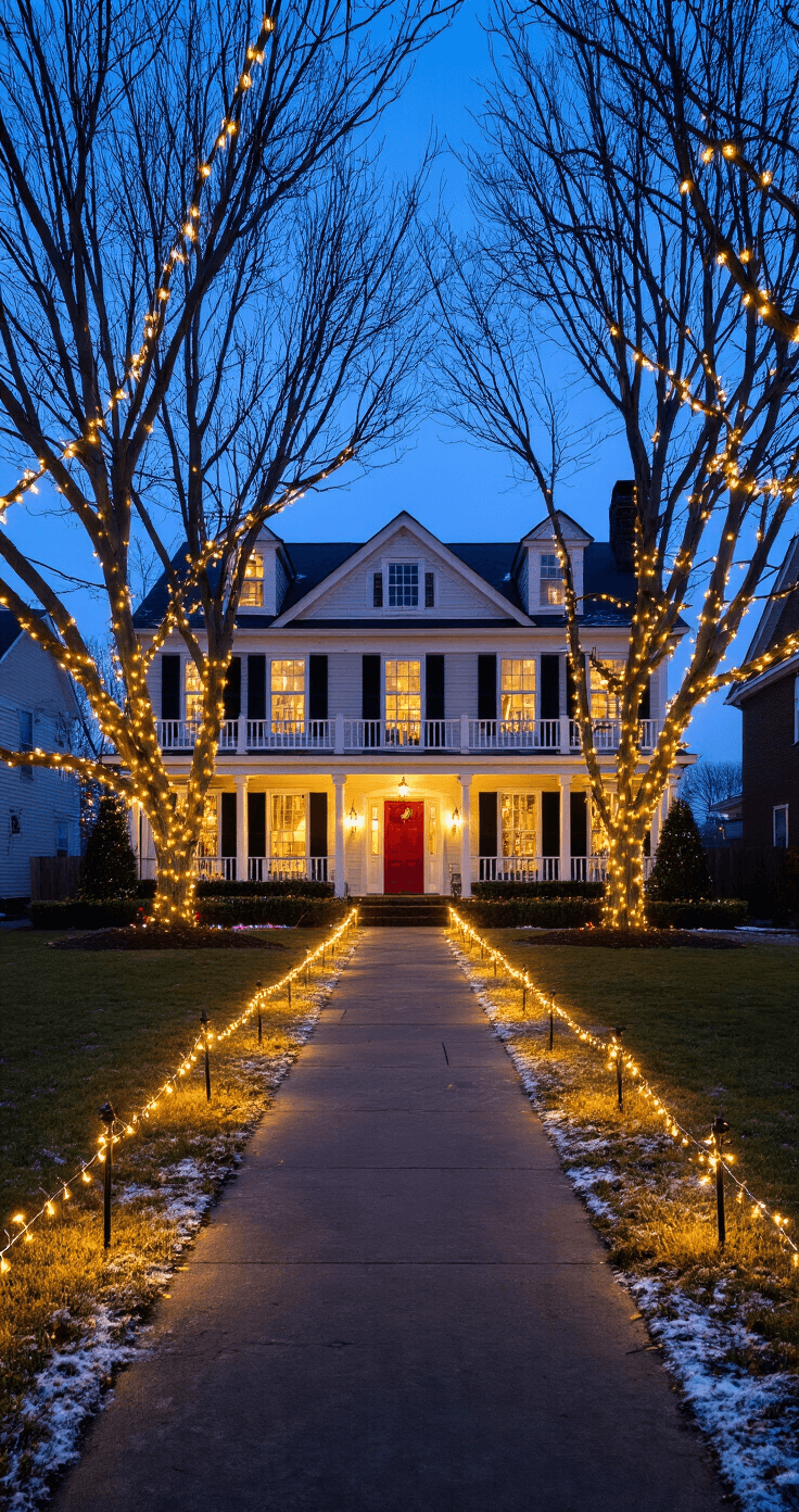 Magical Outdoor Christmas Decor: Transform Your Yard into a Festive Wonderland Wide-angle view of a suburban front yard at twilight, featuring a traditional two-story colonial home with a wraparound porch, illuminated by warm LED string lights hanging from bare oak trees. A pathway lined with golden stake lights leads to a red front door, surrounded by a manicured lawn lightly dusted with snow and evergreen bushes adorned in multicolored lights, all set against a deep blue sky.
