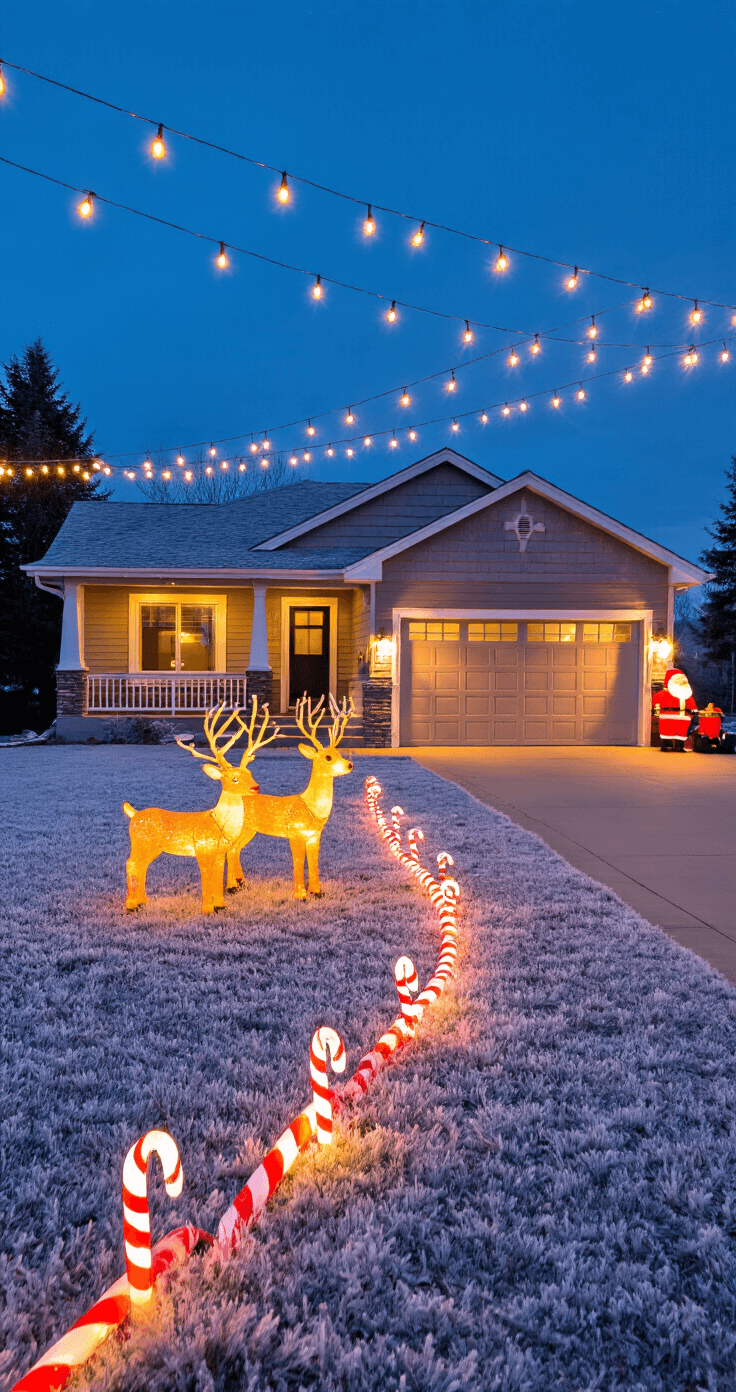 Magical Outdoor Christmas Decor: Transform Your Yard into a Festive Wonderland Eye-level view of a contemporary ranch home garage and driveway during blue hour, featuring illuminated reindeer figures on a frost-covered lawn, overhead string lights, a candy cane pathway, and an inflatable Santa, all accented by cool winter lighting and warm amber decorations.