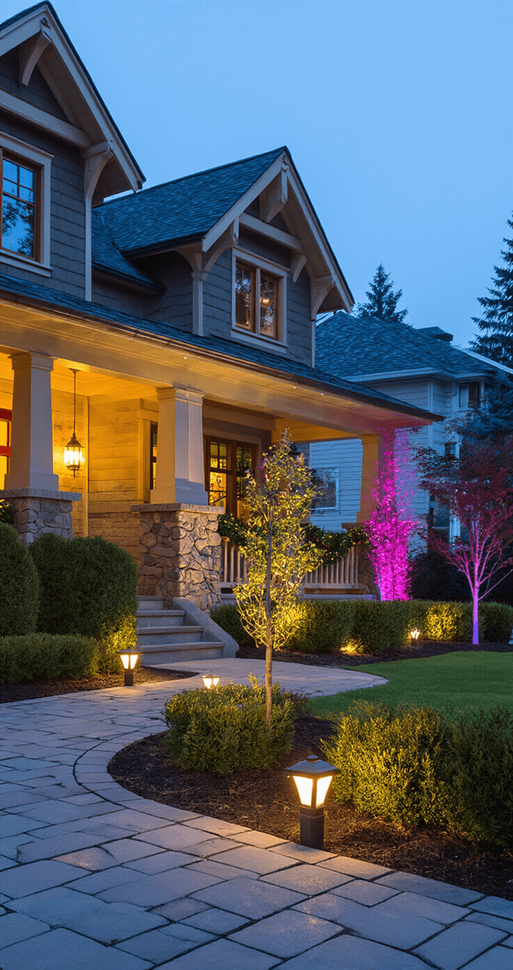Magical Outdoor Christmas Decor: Transform Your Yard into a Festive Wonderland A low-angle shot at dusk showcasing a craftsman-style bungalow with stone pillars and a covered porch decorated with garland. The foreground features pathway stake lights, while the mid-ground displays wrapped shrubs, and the background includes illuminated trees. Multiple light temperatures create depth, with cool white LEDs on the trees, warm white path lighting, and colored accent lights on focal decorations.