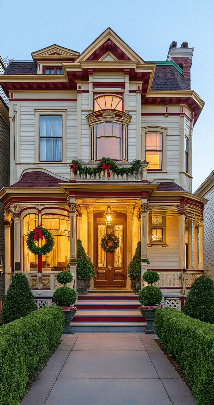 Magical Outdoor Christmas Decor: Transform Your Yard into a Festive Wonderland Close-up view of a Victorian home at golden hour, featuring a red-green-gold color scheme in the landscape. The home has detailed trim, glowing bay windows, and symmetrical wreaths with matching ribbon accents. Uniformly lit topiary bushes flank the entrance steps, contrasting rich jewel tones with cream-colored siding.