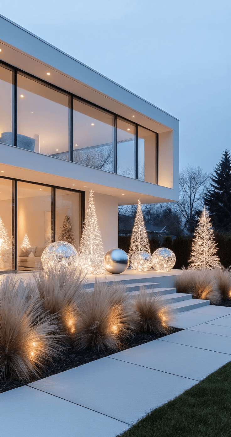 Magical Outdoor Christmas Decor: Transform Your Yard into a Festive Wonderland A modern minimalist holiday display in a mid-century home with large windows, featuring a clean white, silver, and blue color palette. The scene is illuminated by sleek LED strip lights and crystalline icicle lights, highlighting geometric landscaping and creating a sophisticated winter ambiance.