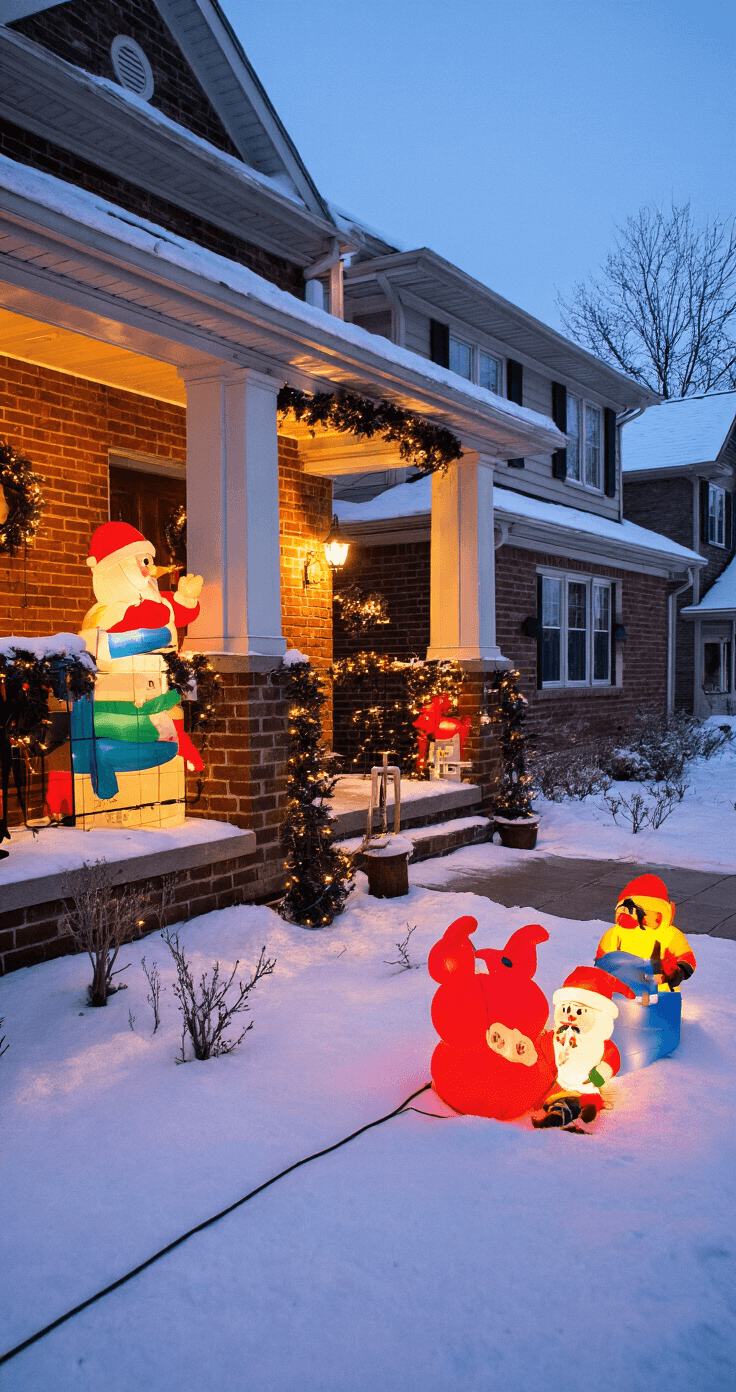 Magical Outdoor Christmas Decor: Transform Your Yard into a Festive Wonderland Wide shot of a split-level brick home at dusk, featuring a safety-focused holiday display with visible GFCI outlets, properly secured decorations resilient to winter weather, professional-grade outdoor lighting, neat cord management, and stable anchoring for inflatables, showcasing warm residential lighting in a responsible holiday decorating manner.