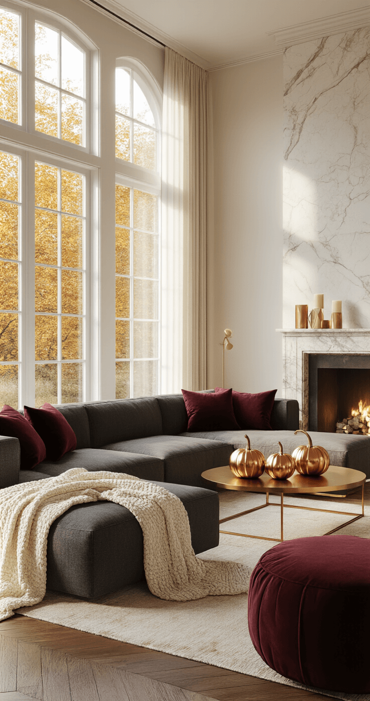 A photorealistic modern living room bathed in golden hour light, featuring a charcoal linen mid-century sectional, brass coffee table with rose gold and copper sculptural pumpkins, deep burgundy velvet throw pillows, and a cream knit blanket. The space includes a marble fireplace mantel with geometric candles, rich walnut floors, and cream walls, all captured from an eye-level 3/4 angle, creating a warm, sophisticated autumn ambiance.