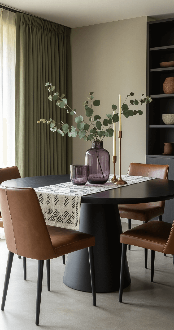 Contemporary dining room featuring a sleek black table with brown leather chairs, purple glass centerpiece, geometric table runner, and brass candlesticks, set in warm afternoon light with textured green curtains and polished concrete floors.