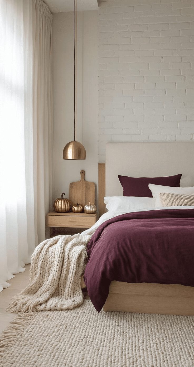 A modern bedroom showcasing a platform bed with a white oak frame, deep burgundy and cream linen bedding, and a velvet accent pillow in muted plum. A vintage breadboard with metallic mini pumpkins sits on a floating nightstand beside the bed. The space features a painted brick accent wall, brass pendant lighting, and soft morning light filtering through sheer panels, creating a cozy yet contemporary atmosphere.
