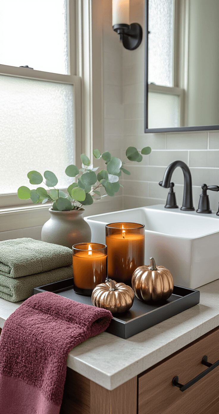 A luxurious bathroom vignette featuring a floating walnut vanity with matte black fixtures, rich textures, and soft natural light. The scene includes amber glass candles, metallic pumpkin accents, burgundy and sage green hand towels, a natural stone countertop, subway tiles with charcoal grout, and fresh eucalyptus in a ceramic vessel, all evoking a spa-like autumn ambiance.