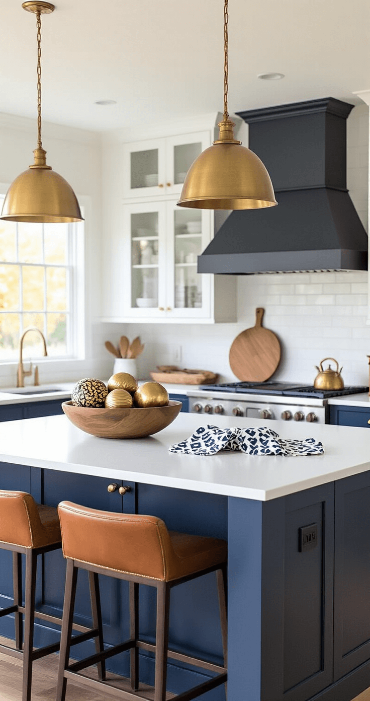 A stylish open-concept kitchen featuring a white quartz waterfall island and navy blue cabinetry, illuminated by warm pendant lights. Decor elements include a wooden bowl of brass and copper gourds, geometric block print kitchen towels, and a vintage brass cutting board. Cognac leather bar stools complement a matte black range hood, captured from a 45-degree angle to showcase the modern farmhouse and contemporary fall aesthetic.