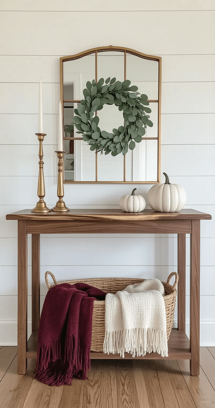 Entryway console table featuring a live-edge walnut surface against a white shiplap wall, styled with tall brass candlesticks, a modern eucalyptus wreath, and a woven basket filled with burgundy and cream throw blankets. A vintage mirror with a thin gold frame complements ceramic pumpkins in matte white and sage. The scene is illuminated by afternoon light from sidelight windows, creating a welcoming autumn ambiance.