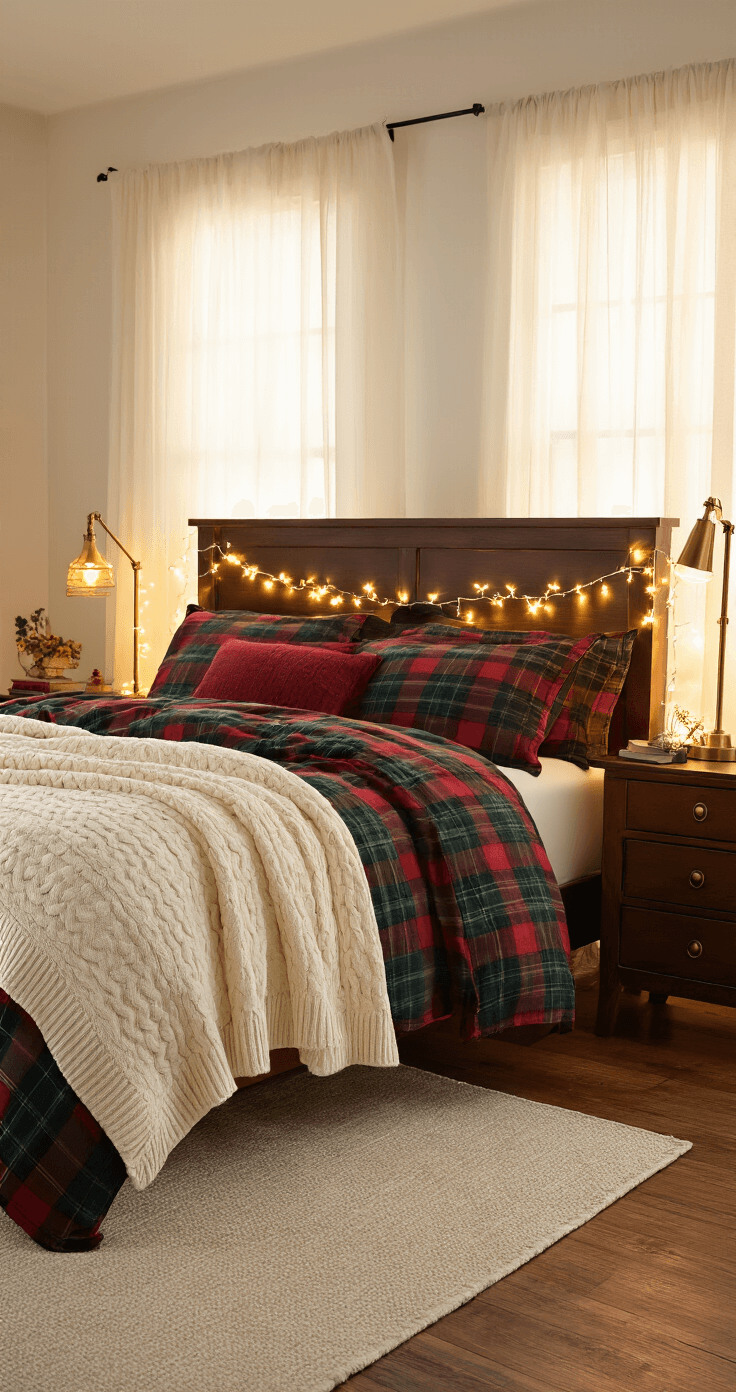 Cozy master bedroom bathed in golden hour light, featuring a plush king bed with plaid flannel sheets, a cream throw blanket, and warm white fairy lights on a dark wood headboard, with matching nightstands and amber glow lamps, all on hardwood floors with a soft wool area rug.