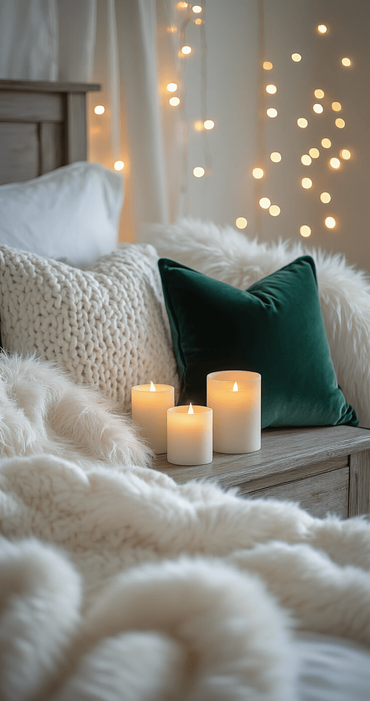 Intimate bedroom corner at dusk featuring flickering LED candles on a weathered wood nightstand, with velvet emerald throw pillows on white linens and an ivory faux fur blanket. Soft string lights create a bokeh effect in the background, showcasing rich textures of knit, velvet, and fur in a muted color palette of whites, creams, and deep greens.