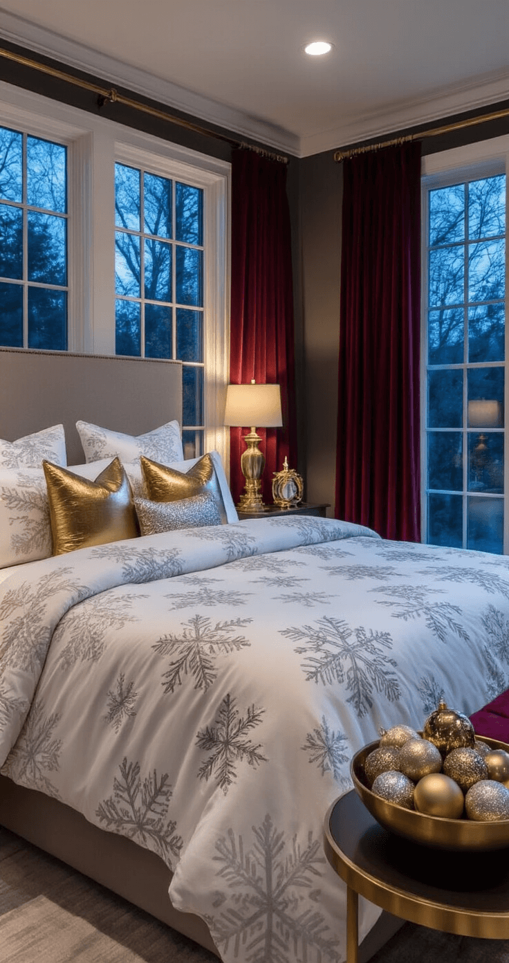 Elegant bedroom decorated for Christmas, featuring a snowflake-patterned comforter in silver and white, gold accent pillows, rich burgundy velvet curtains, dimmed lighting, and an ornament bowl centerpiece, all enhancing the festive atmosphere.